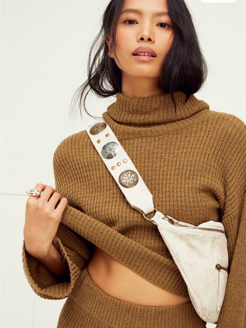 Free People White Leather Crossbody Belt Bag with Decorative Strap
